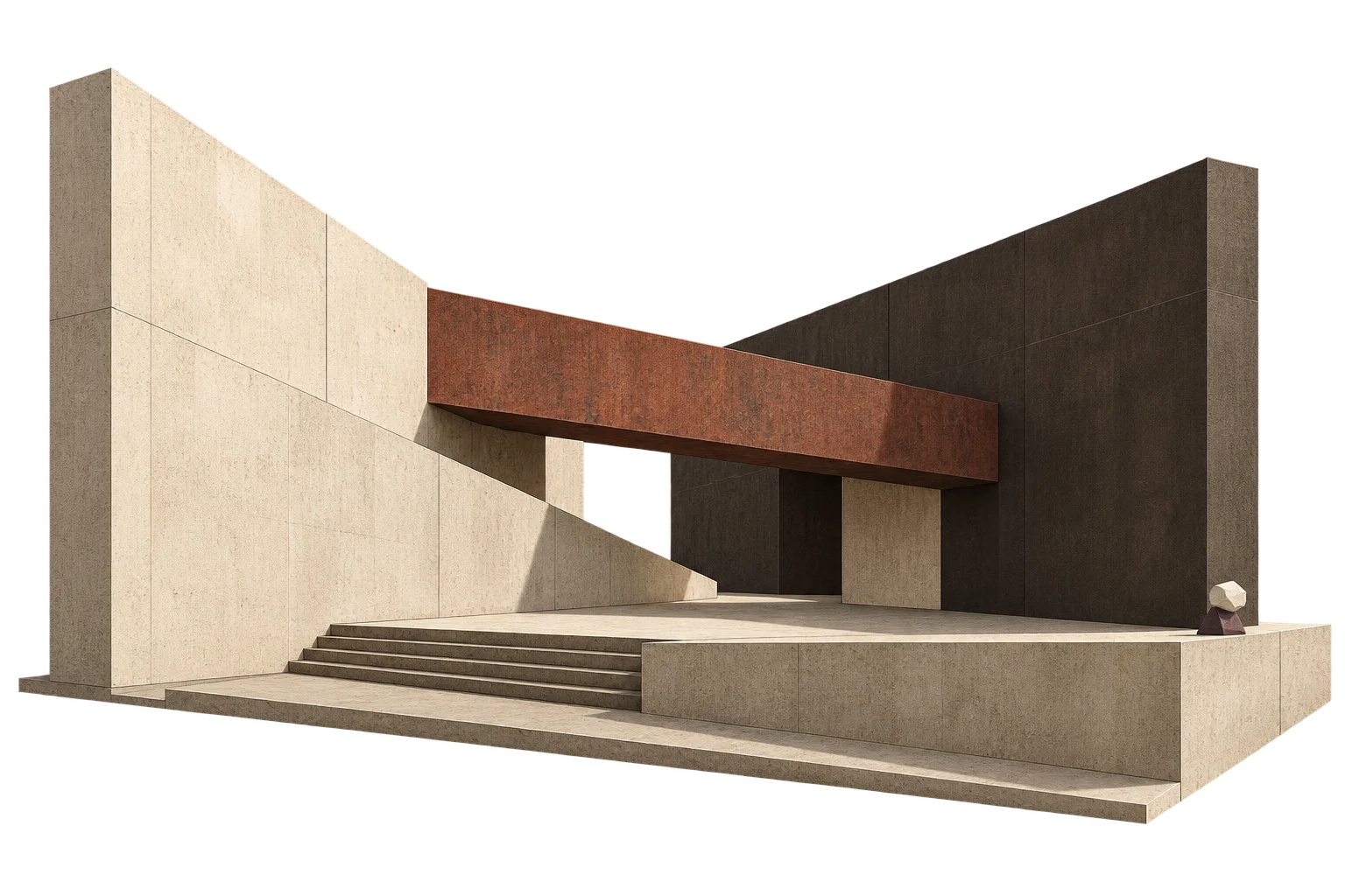 A monumental limestone and charcoal structure joined by a copper bridge, with a tiny abstract faceted form on a ledge.