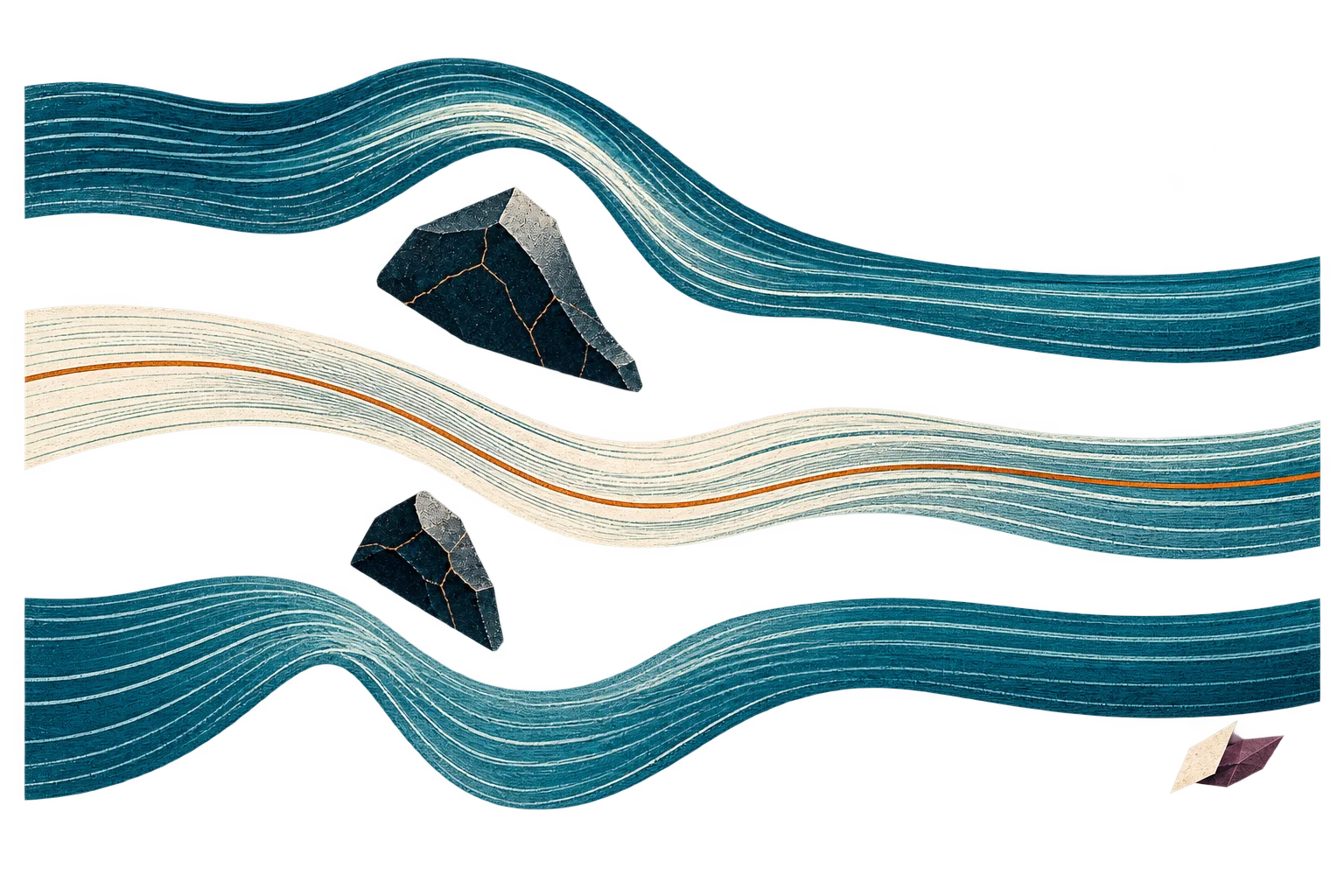 Three engraved teal and ivory ribbons flow between dark mineral forms, with two tiny abstract facets at the edge.