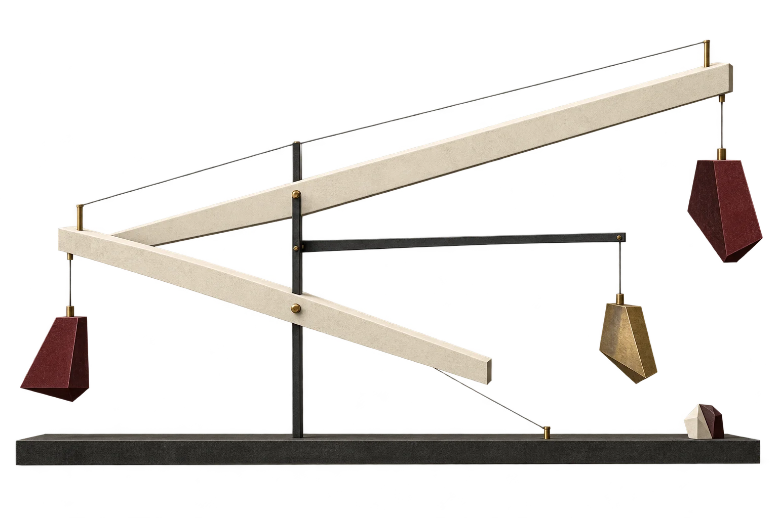 An open balance construction of ivory beams, tension wires and copper and oxblood counterweights, with two small abstract facets on the base.