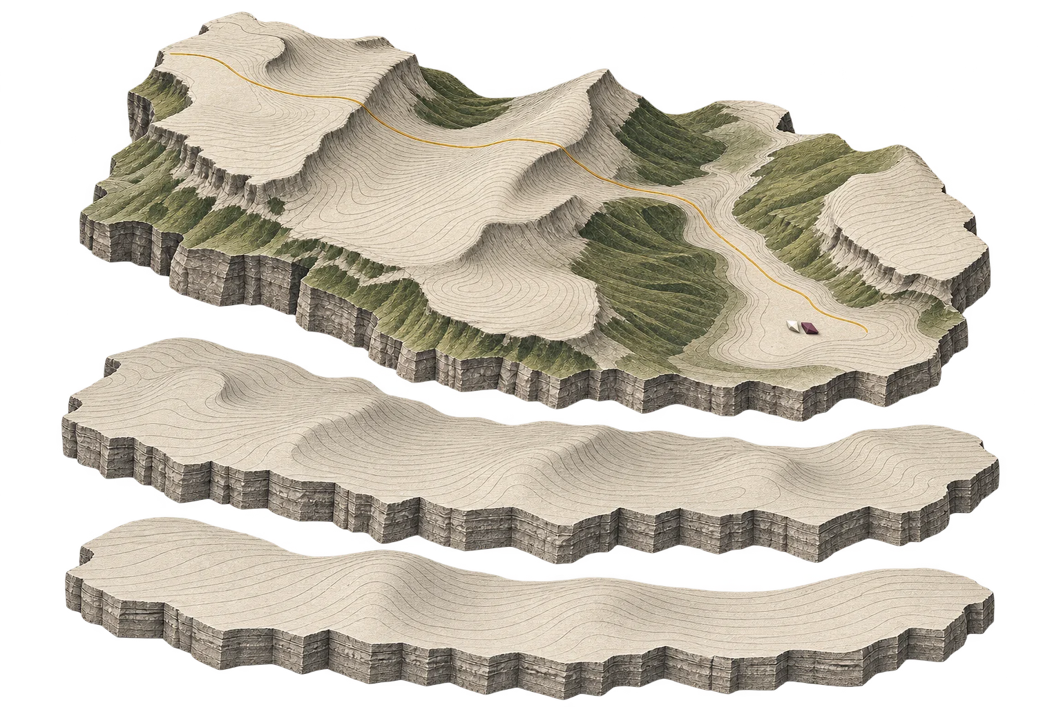 Three separated terrain strata in pale stone and olive, with fine contours, an ochre survey line and two tiny abstract facets on the upper plate.